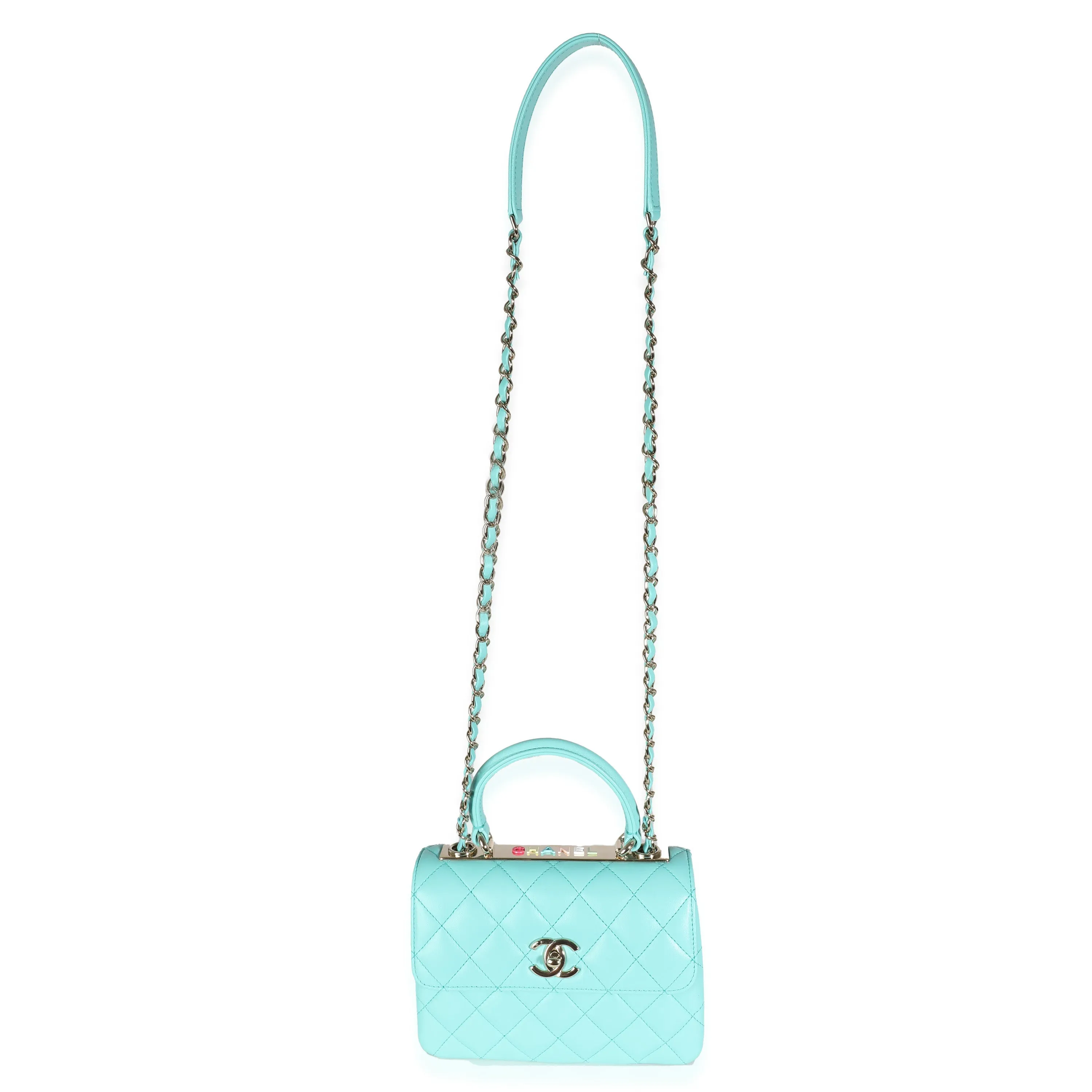 24C Turquoise Quilted Lambskin Mini Trendy Top Handle