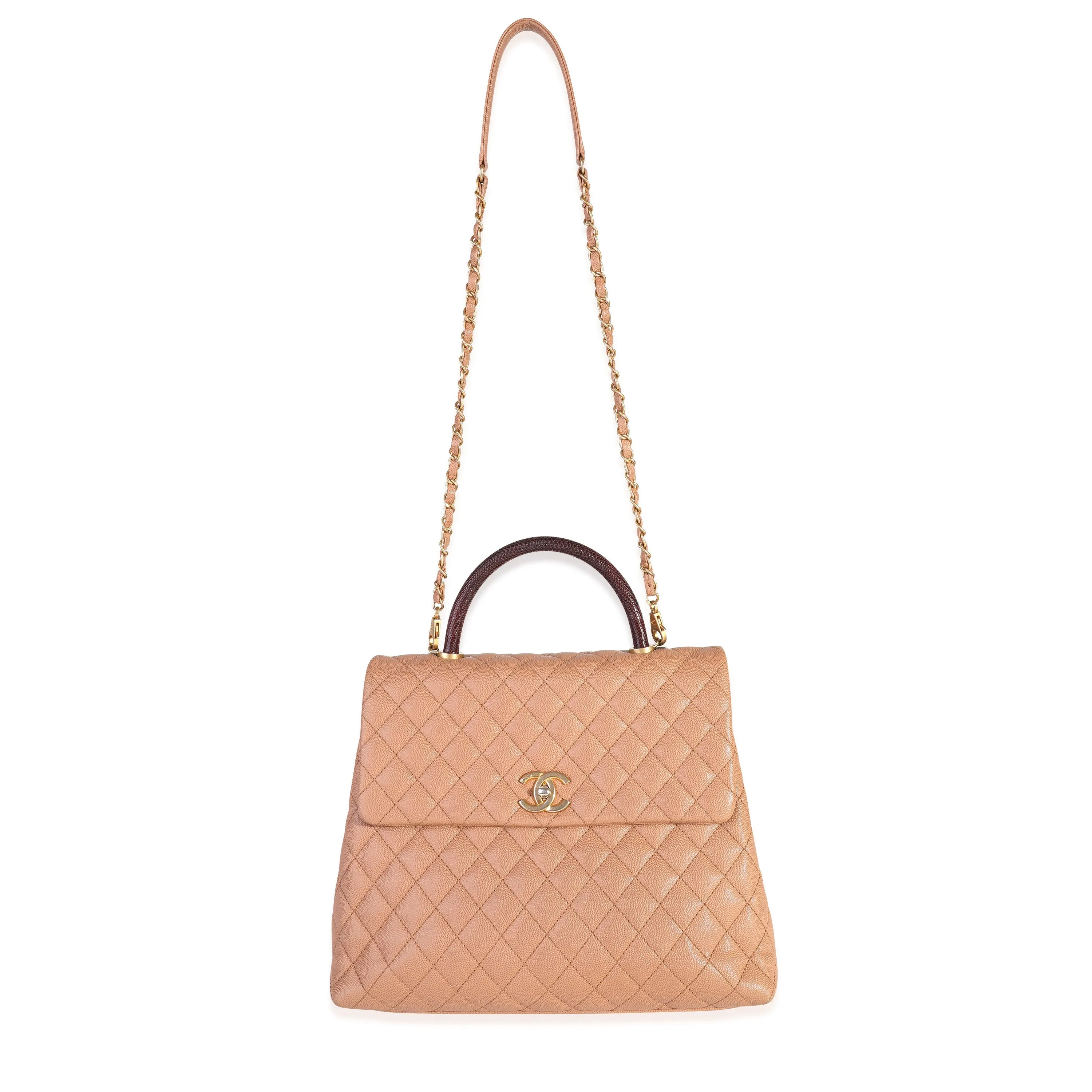 Beige Quilted Caviar & Burgundy Lizard Large Coco Handle Flap Bag