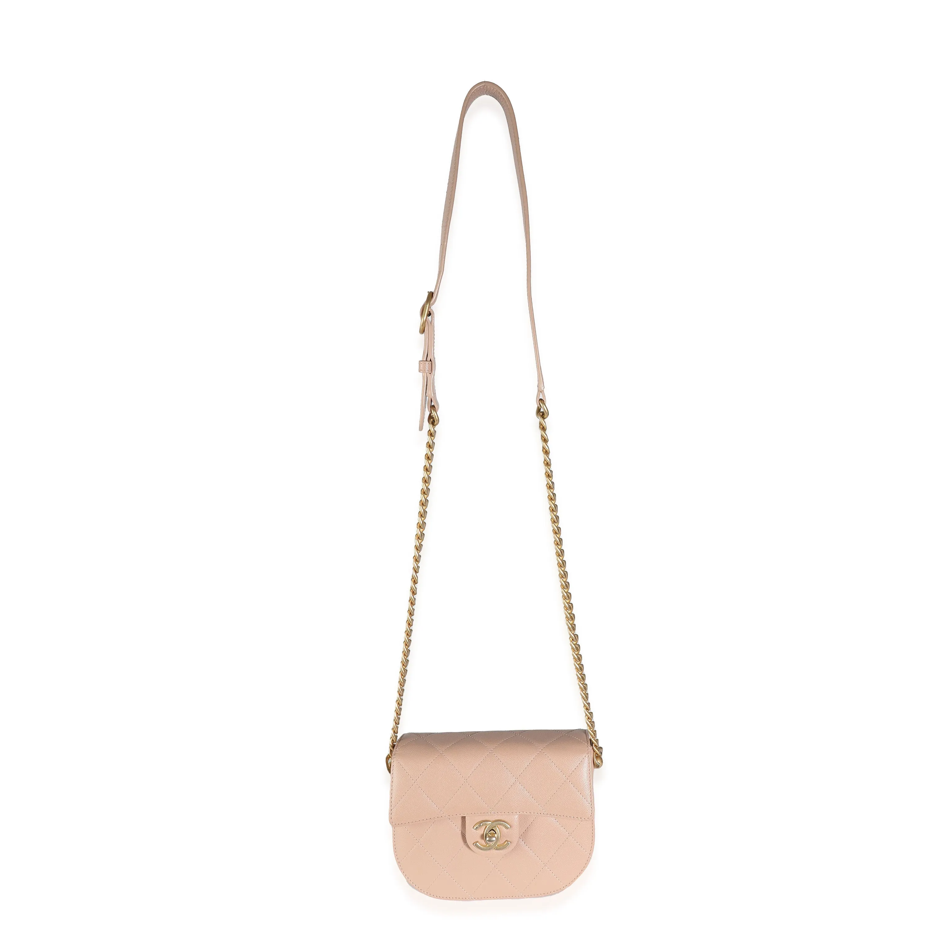 Beige Quilted Caviar Mini Round Messenger Bag