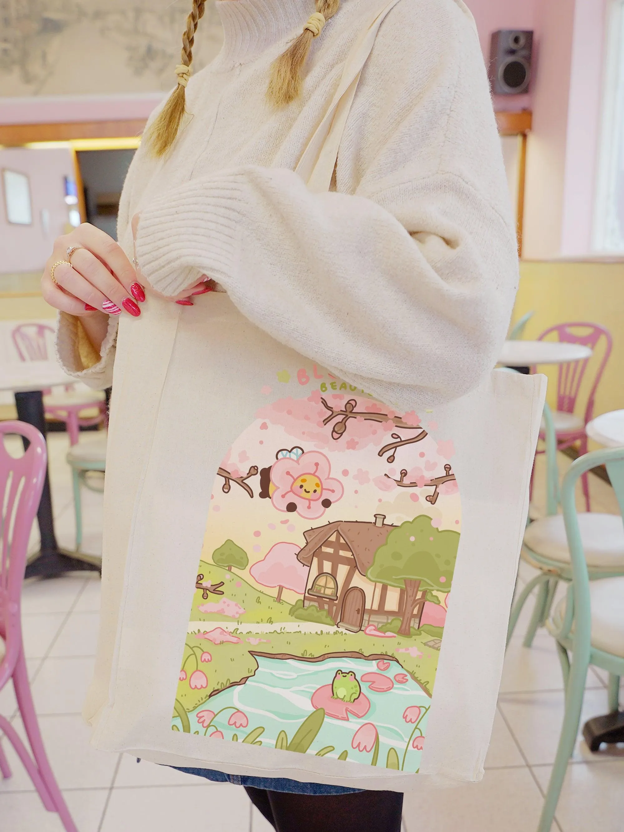 Bumblebutt Sakura Tote Bag | Bloomin' Beautiful Floral Scene | Cute Japanese Aesthetic Gift
