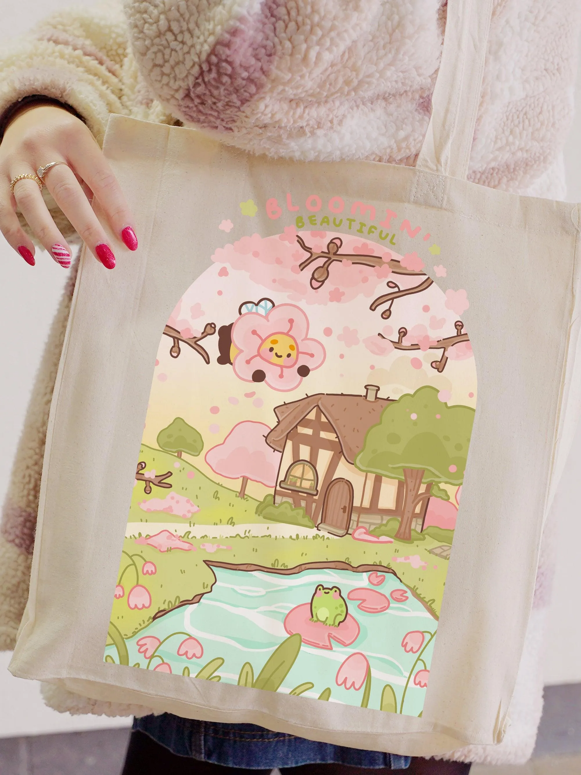 Bumblebutt Sakura Tote Bag | Bloomin' Beautiful Floral Scene | Cute Japanese Aesthetic Gift