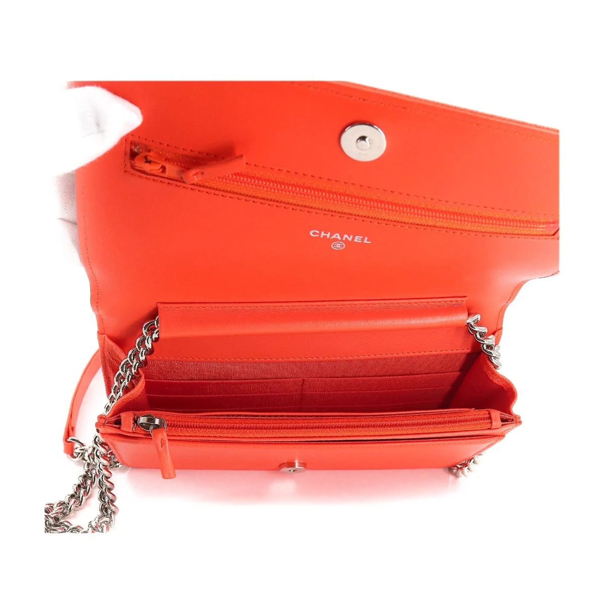 CHANEL boy chain wallet long caviar skin leather orange AP1117 silver metal fittings Chain Wallet