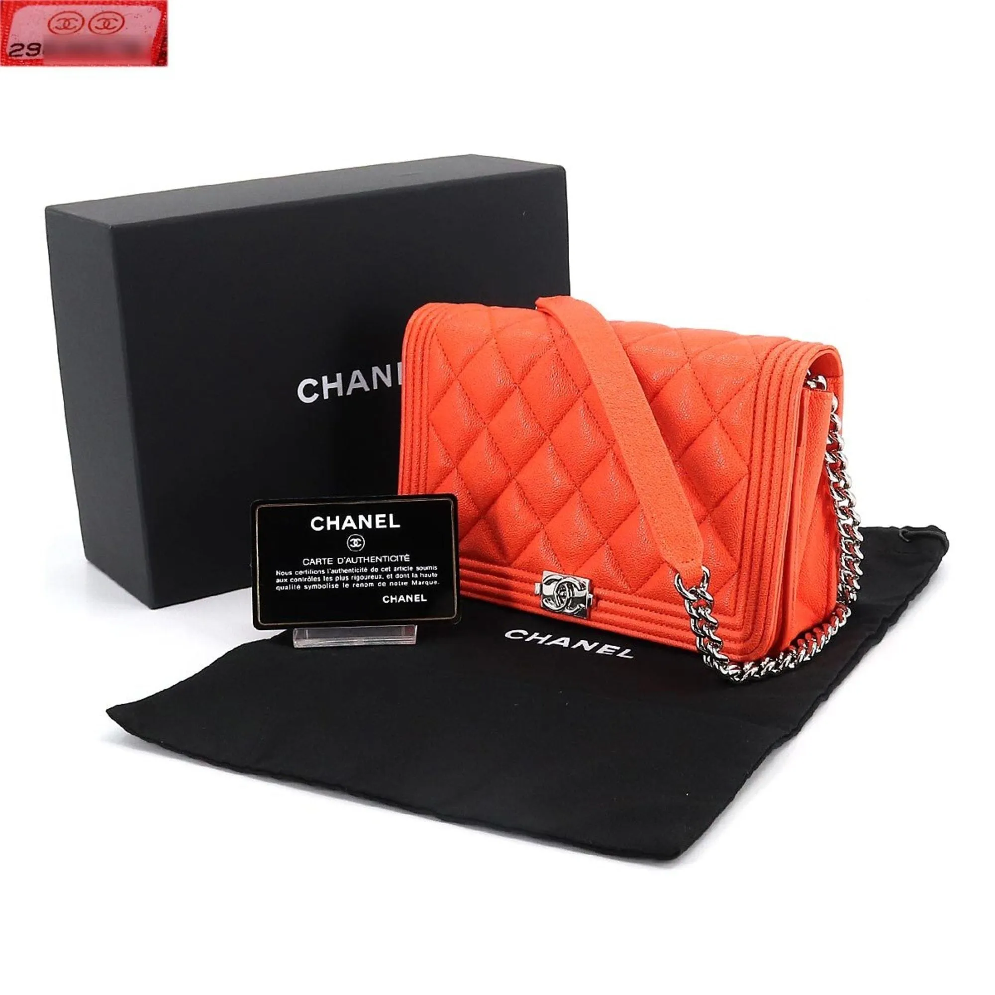 CHANEL boy chain wallet long caviar skin leather orange AP1117 silver metal fittings Chain Wallet