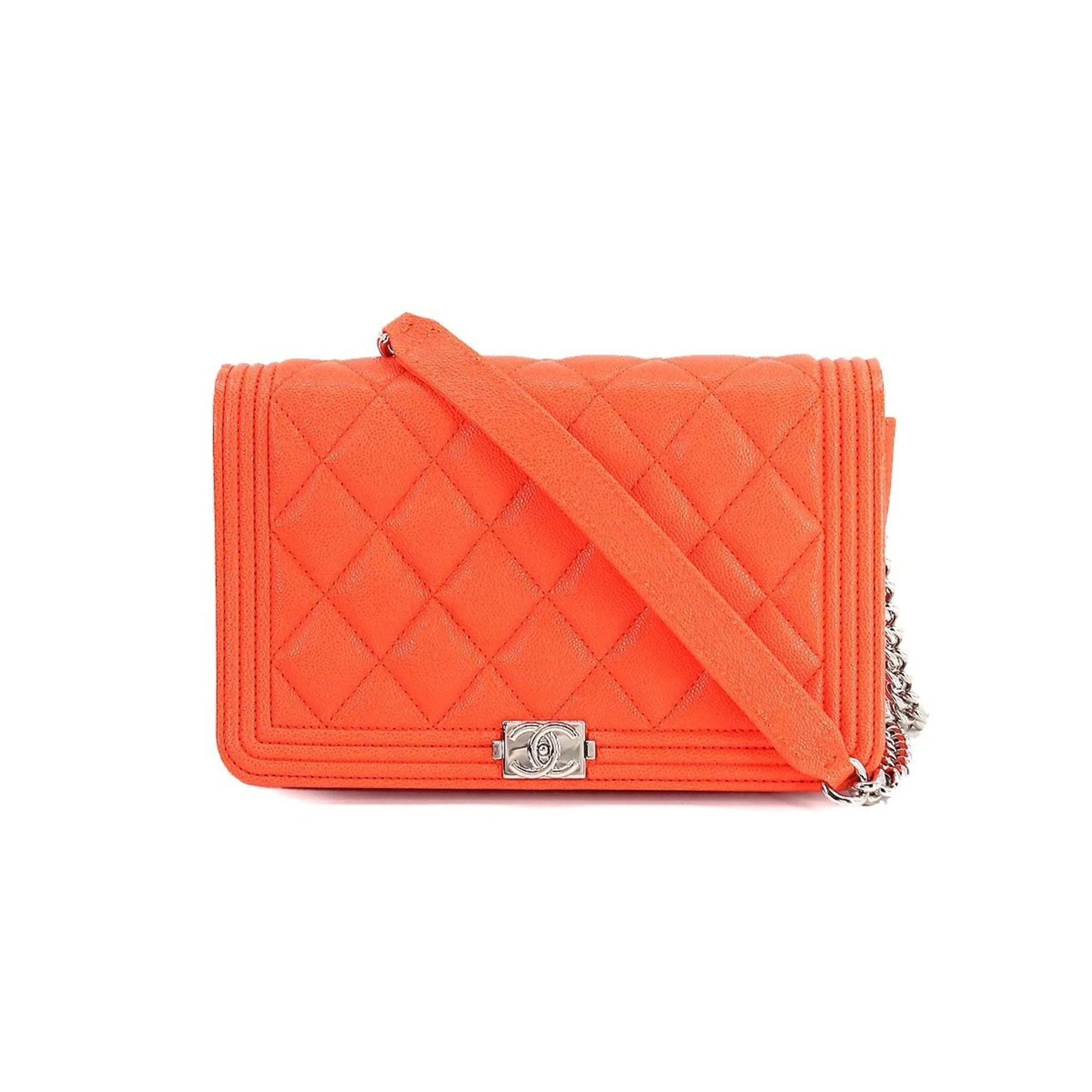 CHANEL boy chain wallet long caviar skin leather orange AP1117 silver metal fittings Chain Wallet