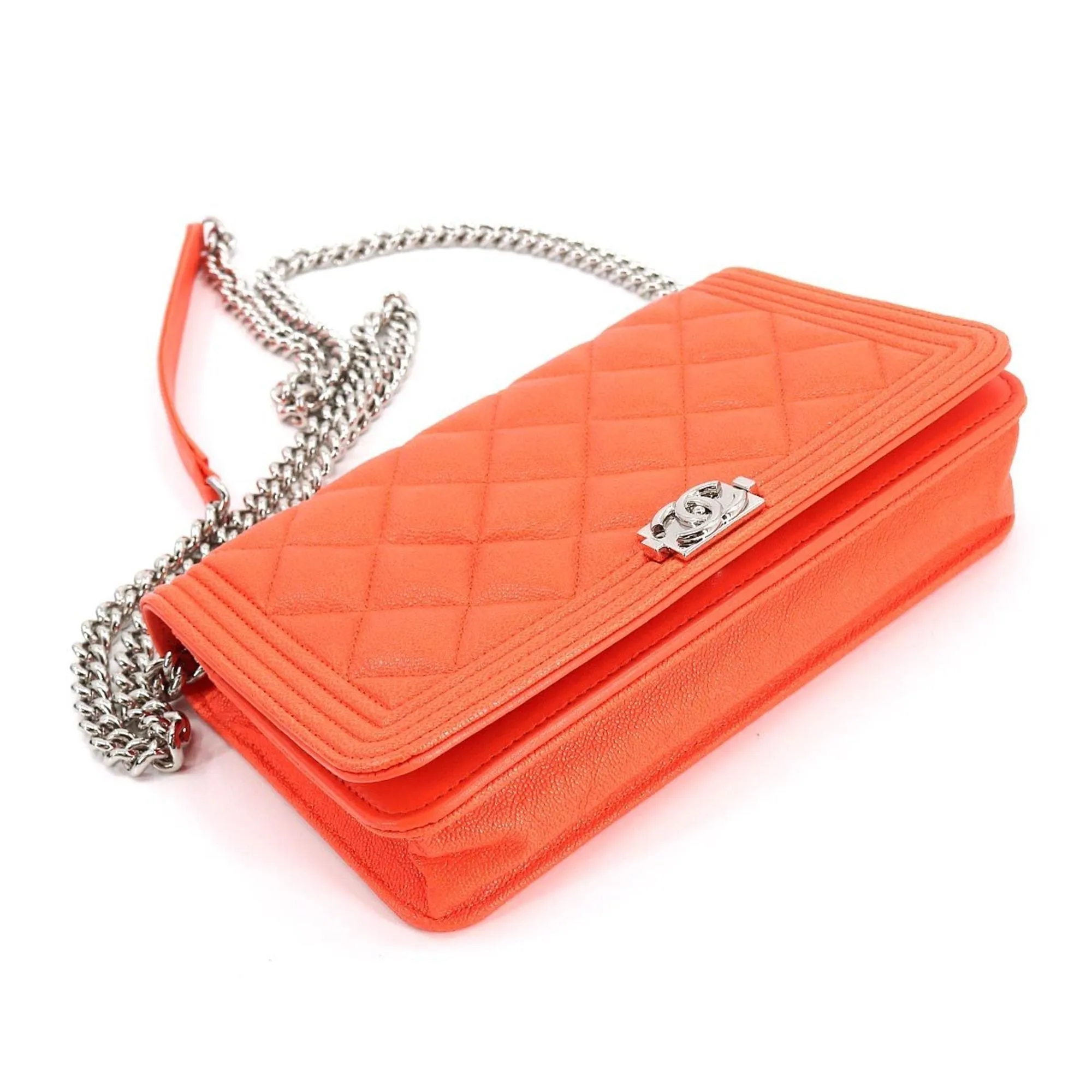 CHANEL boy chain wallet long caviar skin leather orange AP1117 silver metal fittings Chain Wallet