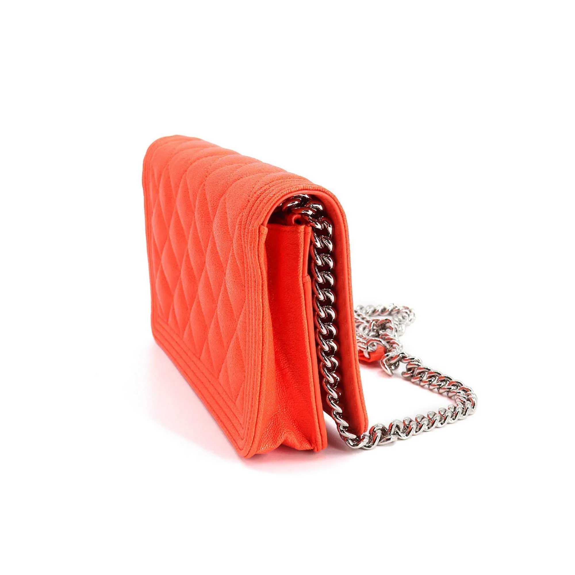 CHANEL boy chain wallet long caviar skin leather orange AP1117 silver metal fittings Chain Wallet