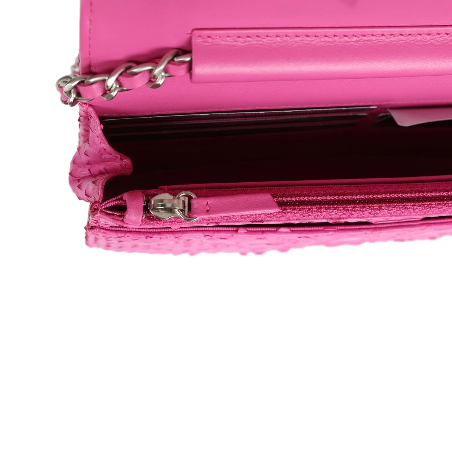 Chanel Boy Wallet On Chain WOC Hot Pink Python Brushed Silver Hardware