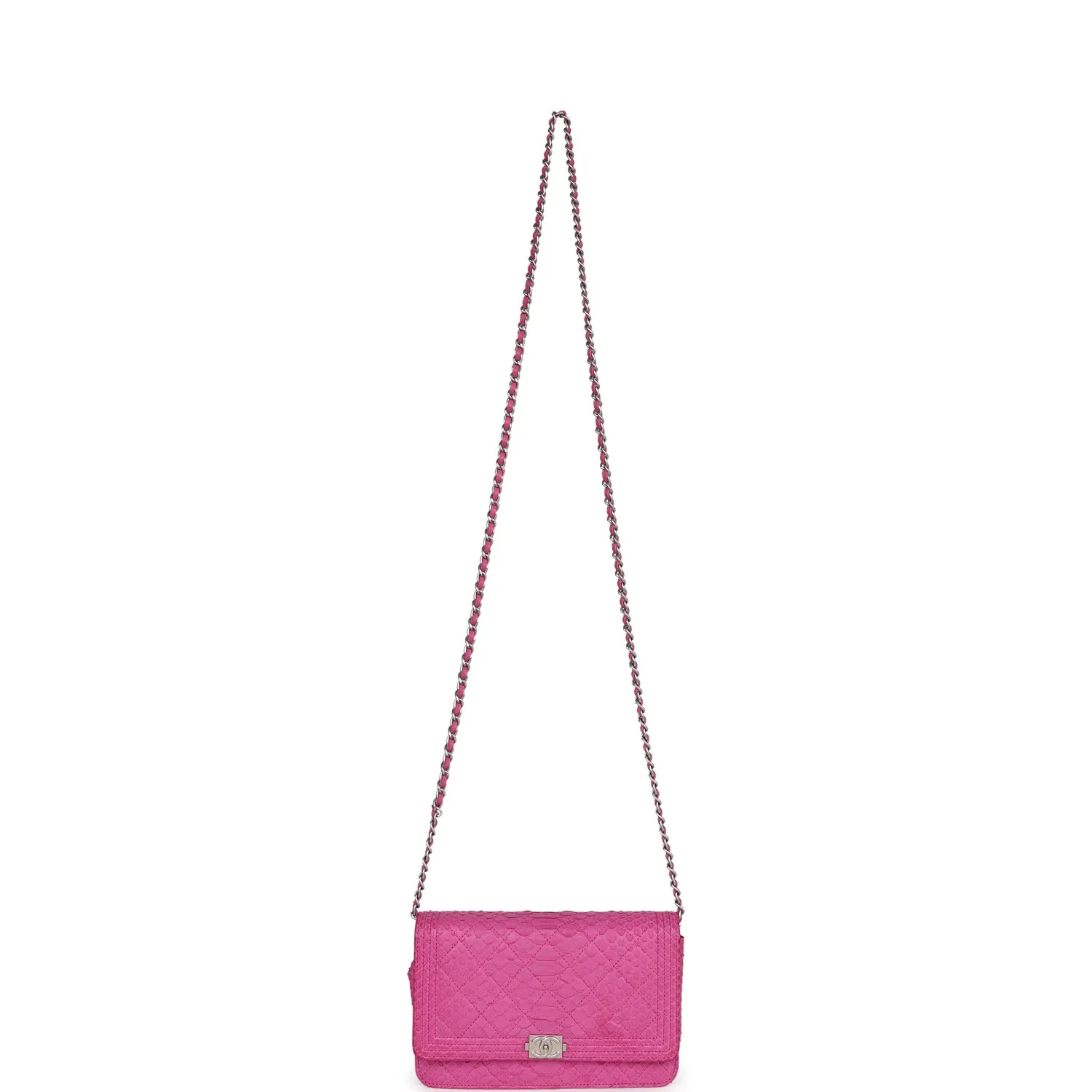 Chanel Boy Wallet On Chain WOC Hot Pink Python Brushed Silver Hardware