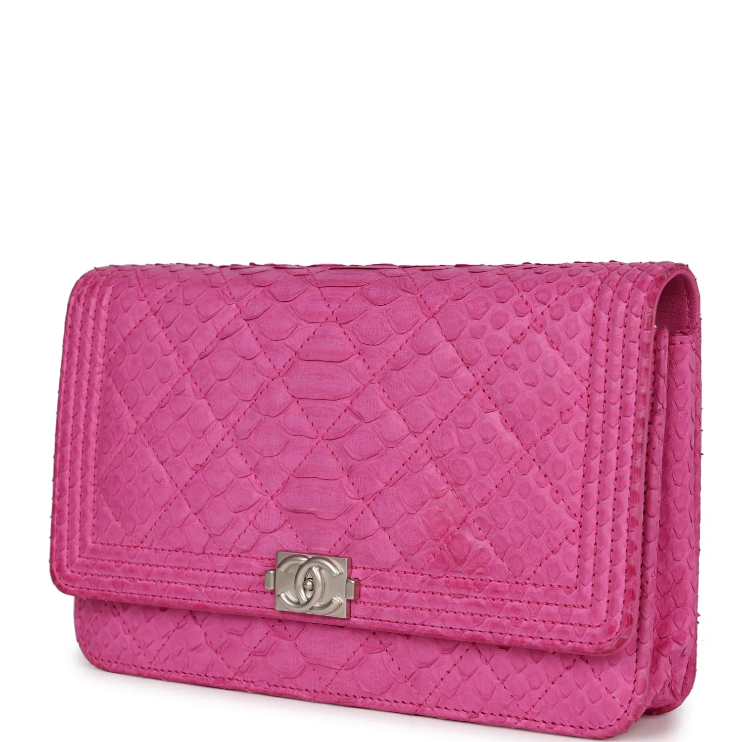 Chanel Boy Wallet On Chain WOC Hot Pink Python Brushed Silver Hardware