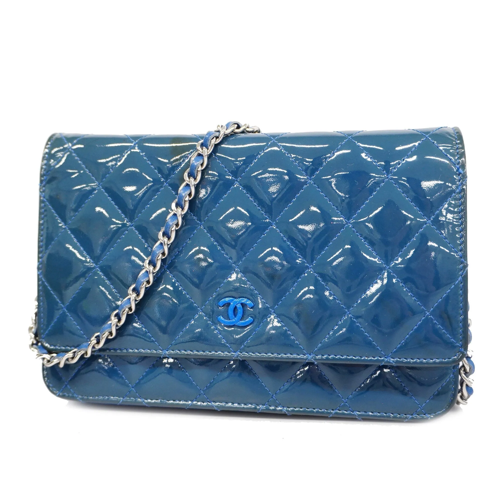 CHANEL  Matelasse Chain Shoulder Silver Metal Fittings Women's Wallet Blue