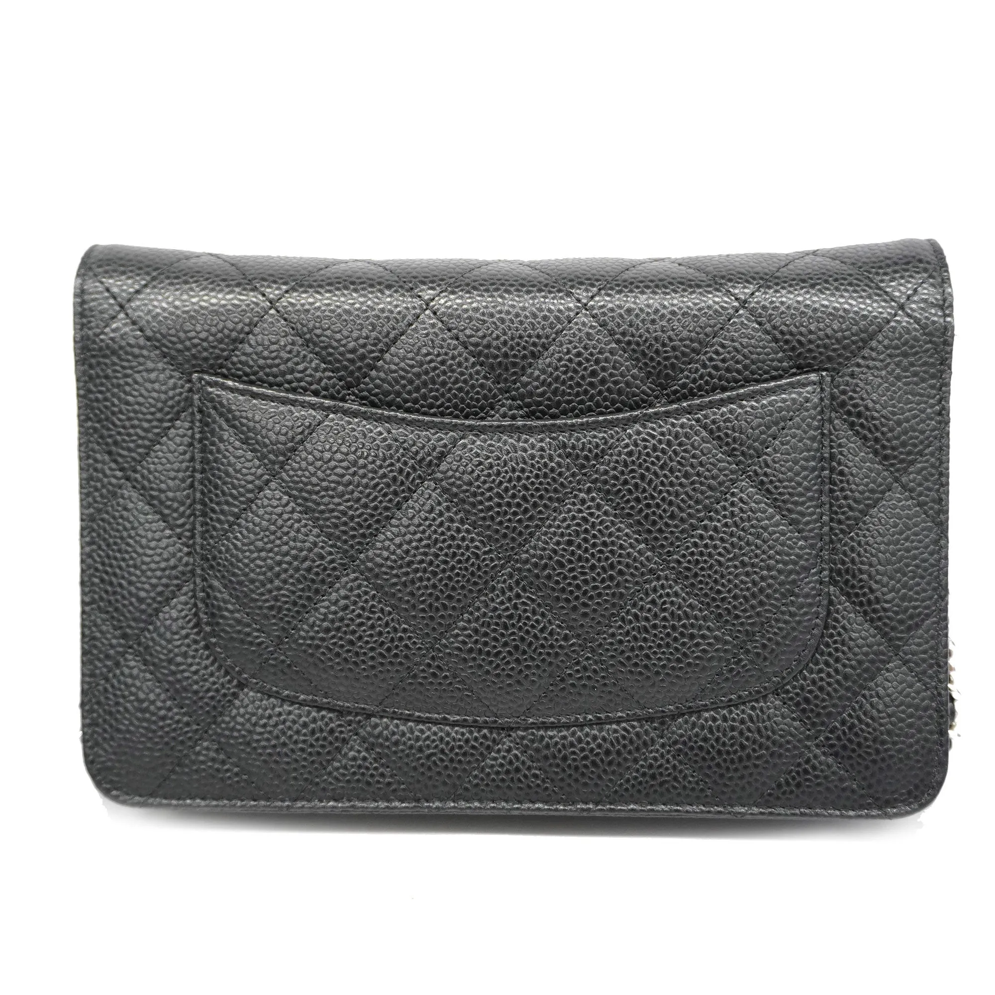 CHANEL  Matelasse Silver Hardware Caviar Leather Chain/Shoulder Wallet Black