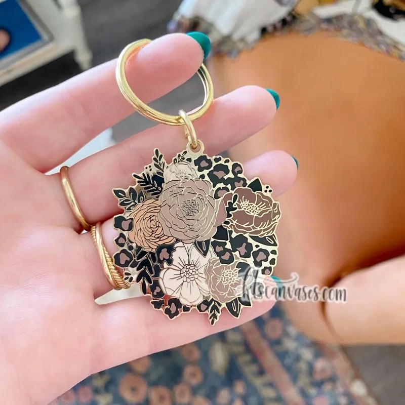 Cheetah Florals Hard Enamel Keychain