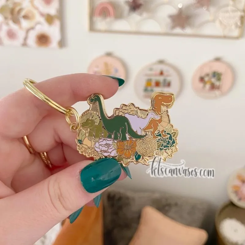 Dinosaur Florals Hard Enamel Keychain