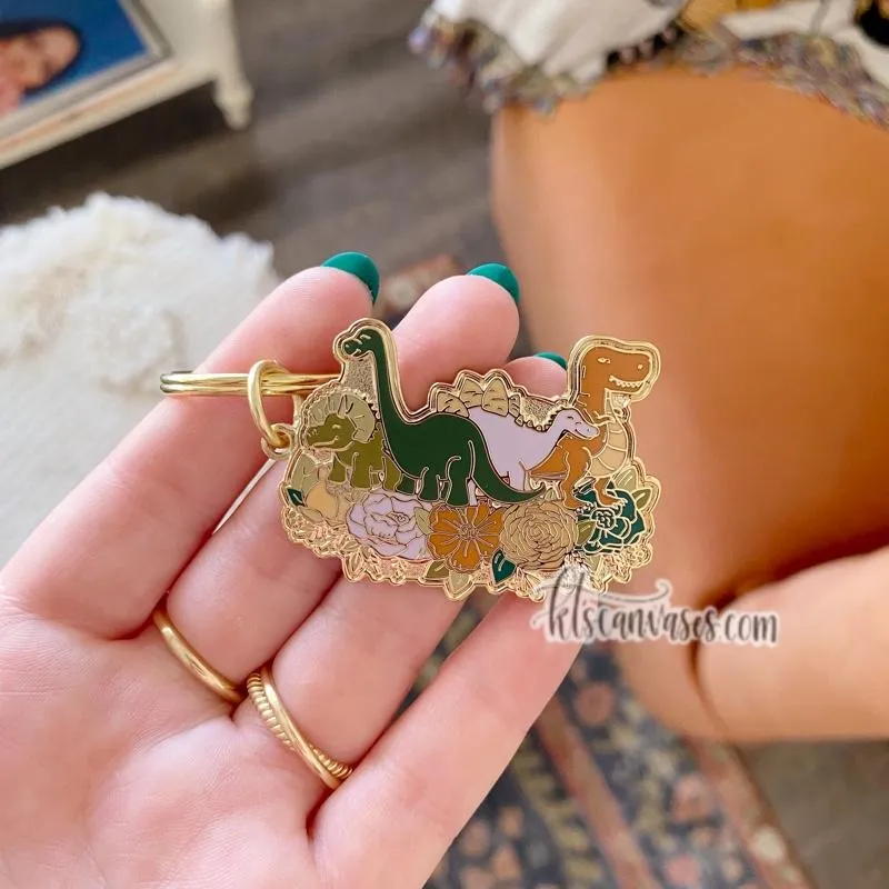 Dinosaur Florals Hard Enamel Keychain