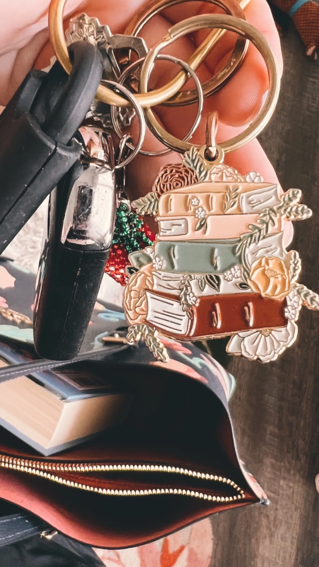 Floral Books Hard Enamel Keychain