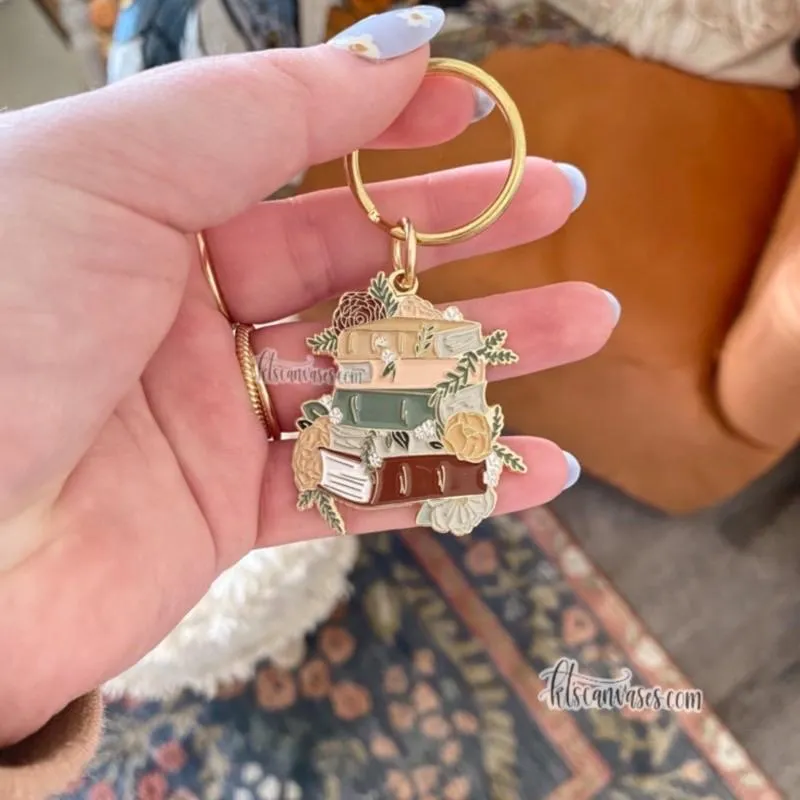 Floral Books Hard Enamel Keychain
