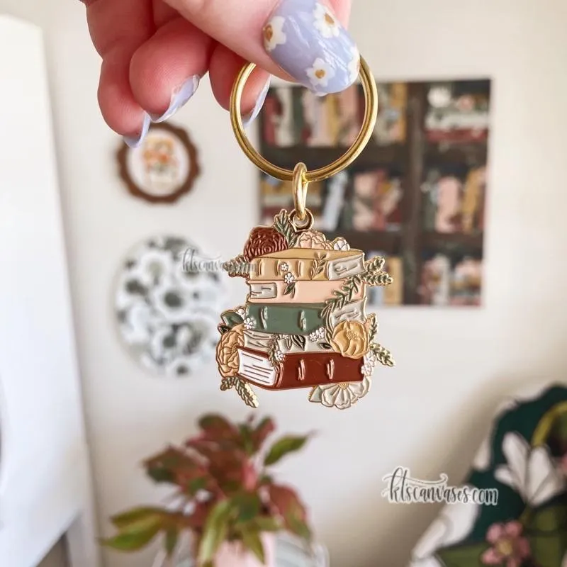 Floral Books Hard Enamel Keychain
