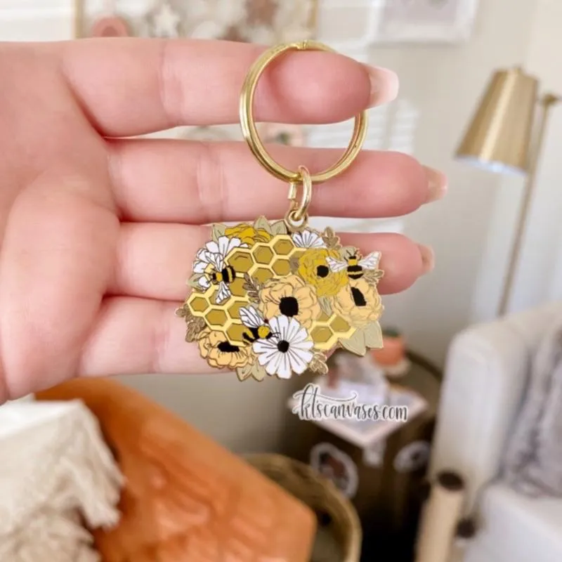 Honeybee Floral Hard Enamel Keychain