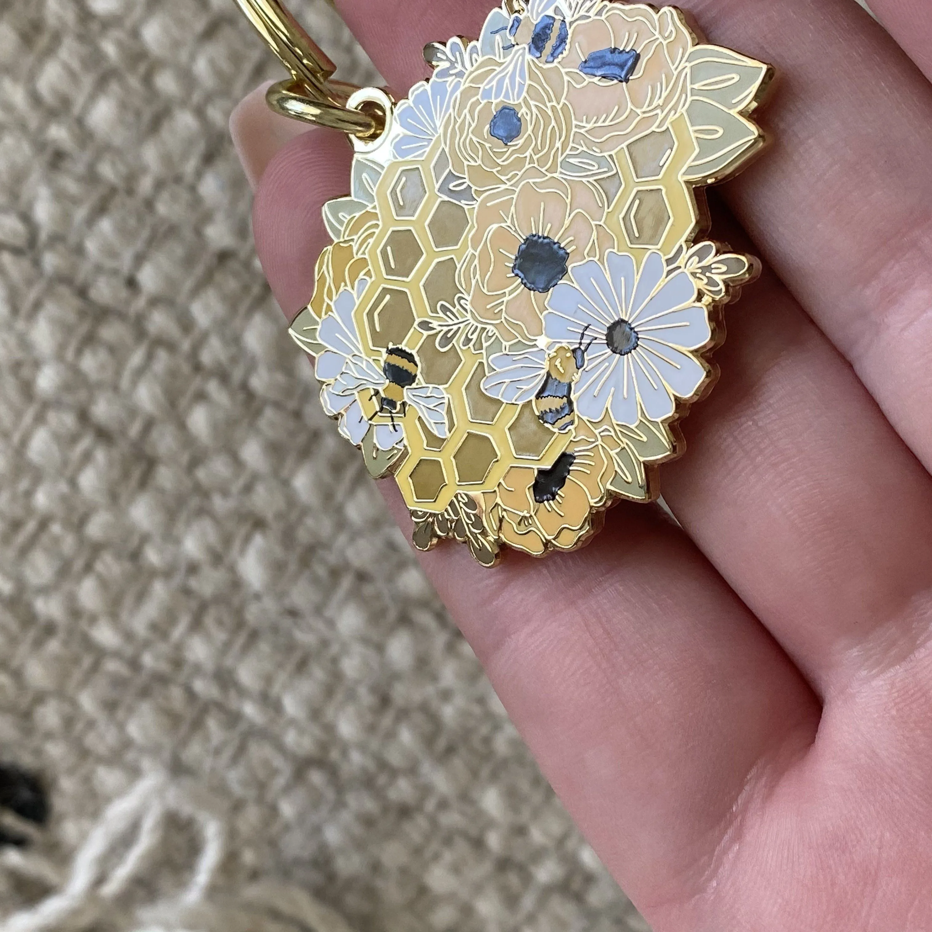 Honeybee Floral Hard Enamel Keychain