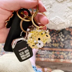 Honeybee Floral Hard Enamel Keychain