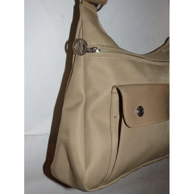 Longchamp Vintage Khaki Or Tan Leather And Heavy Canvas Fabric Nylon Messenger