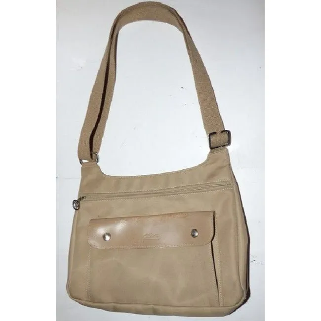 Longchamp Vintage Khaki Or Tan Leather And Heavy Canvas Fabric Nylon Messenger