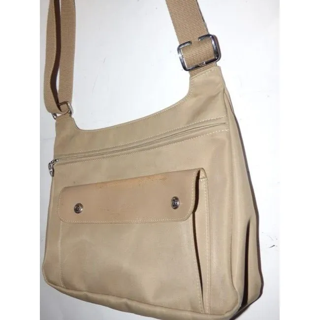 Longchamp Vintage Khaki Or Tan Leather And Heavy Canvas Fabric Nylon Messenger