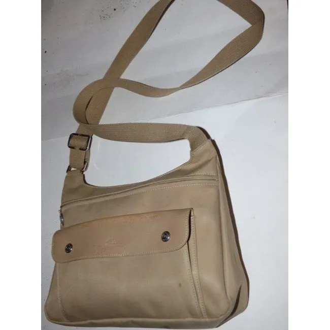 Longchamp Vintage Khaki Or Tan Leather And Heavy Canvas Fabric Nylon Messenger