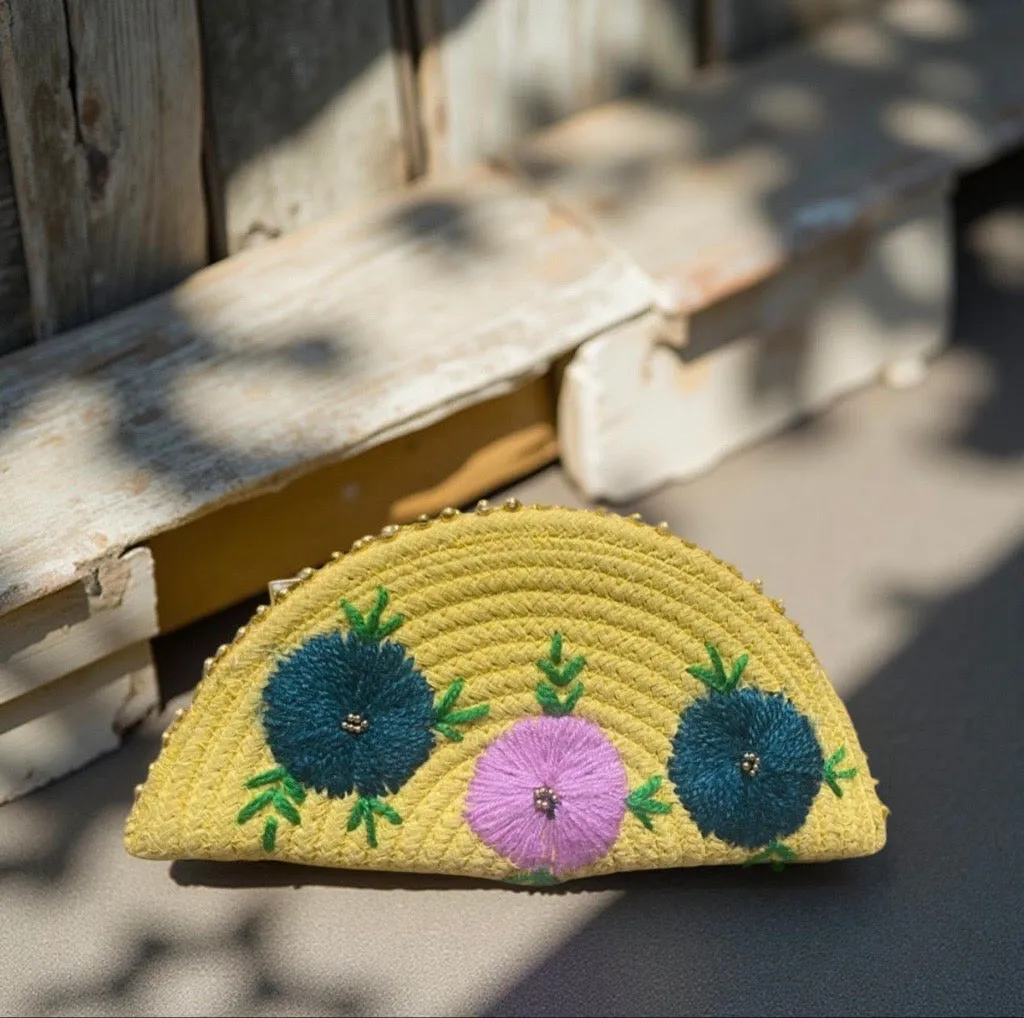 Yellow Ethnic Embroidered Clutch - Handcrafted Traditional Design